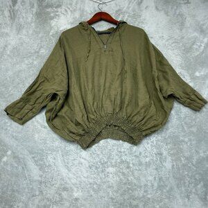 Yuvita Women’s Green 100% Linen Pullover Hooded Top Size S a1615